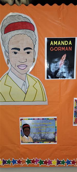 Photo shows bulletin board featuring poet Amanda Gorman.